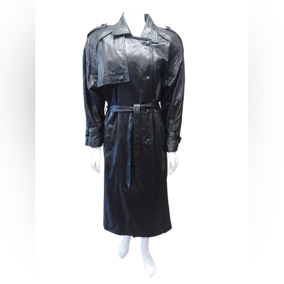 Ocean West Vintage Leather Trench Coat Black Size Medium  EUC - Picture 1 of 8